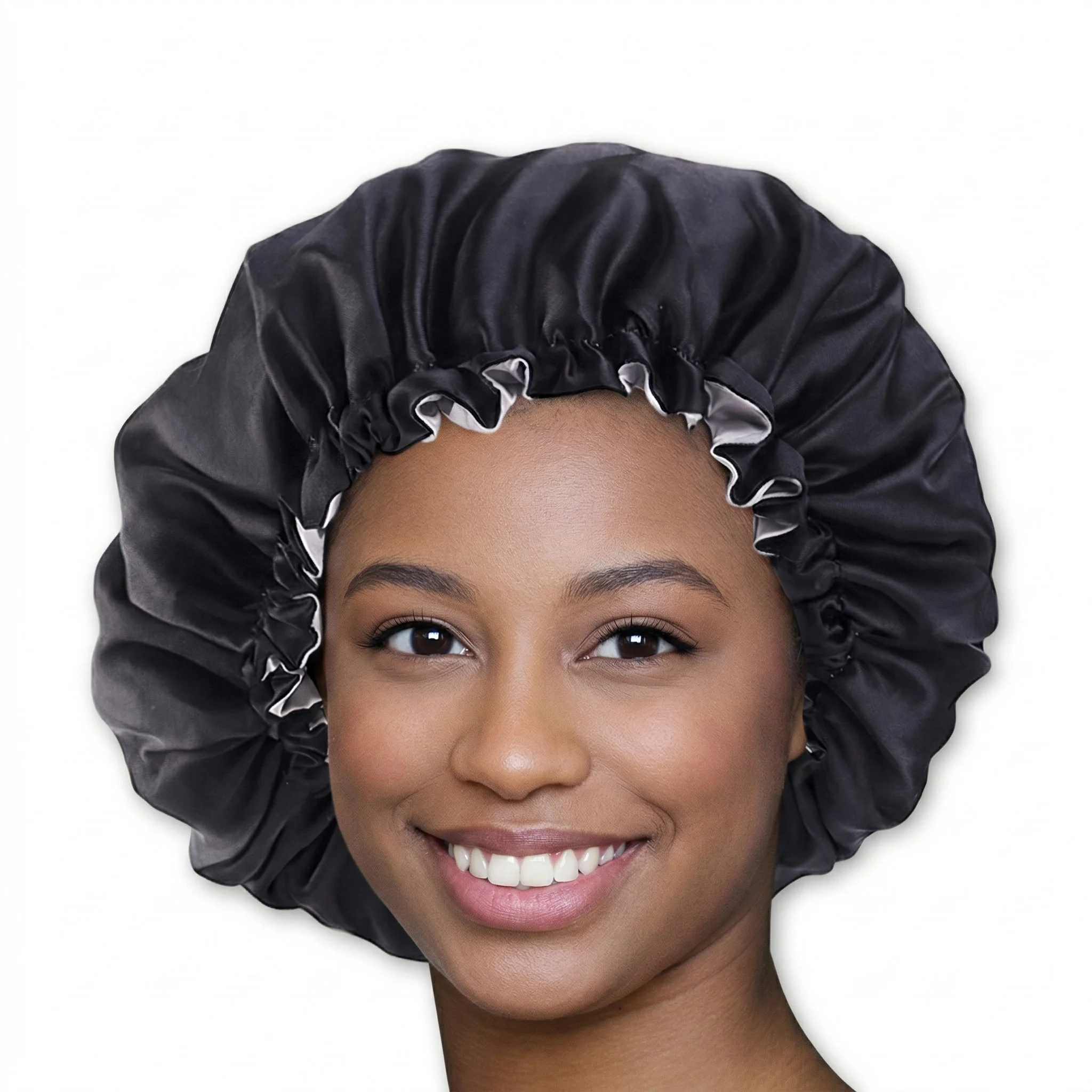 Black/Grey Satin Hair Bonnet Reversable - Image 2