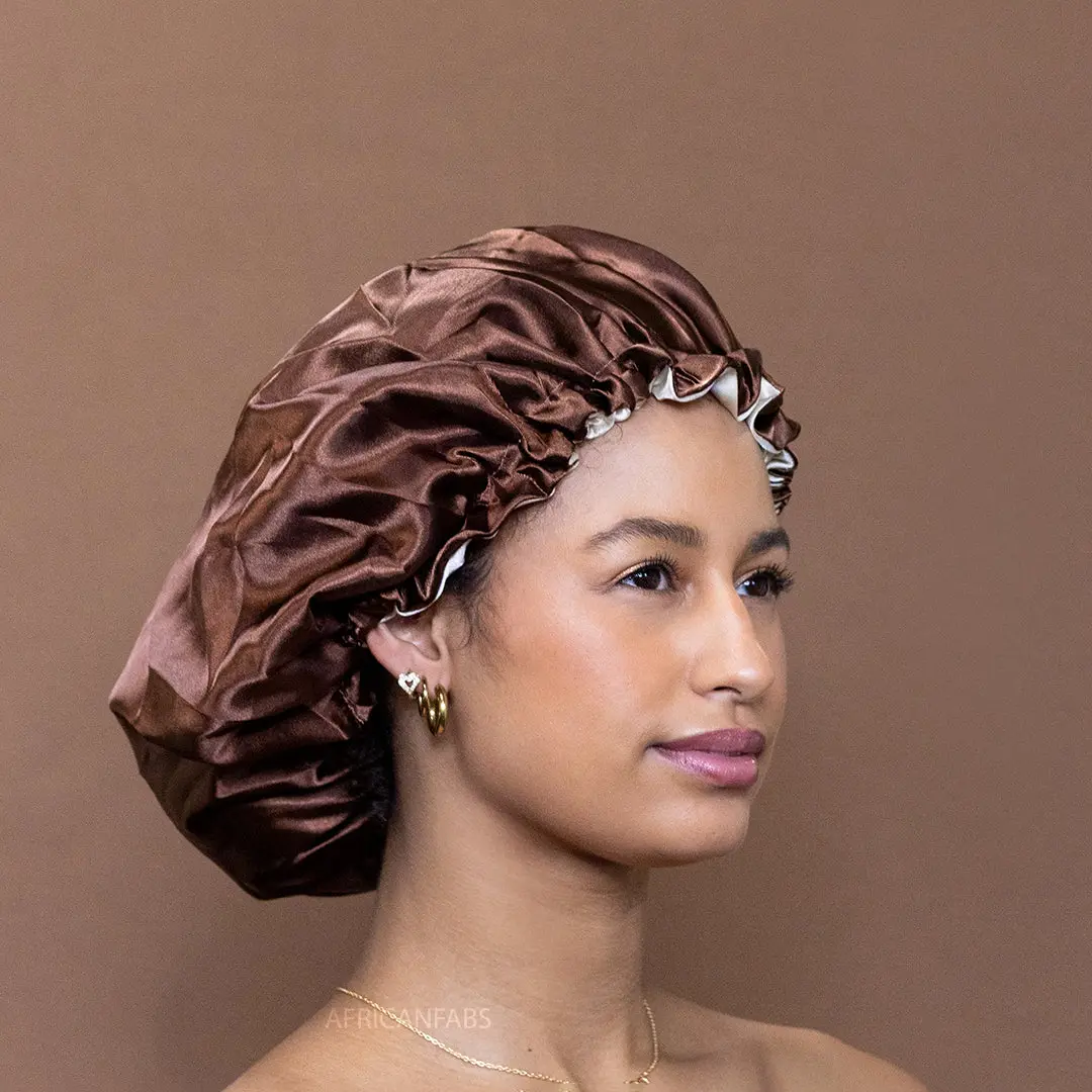 Chocolate Brown Satin Hair Bonnet Reversable - Image 2