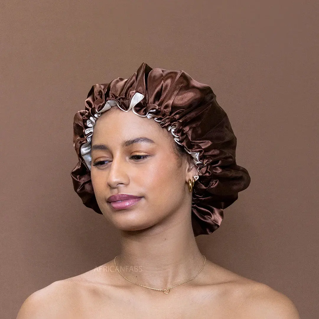 Chocolate Brown Satin Hair Bonnet Reversable - Image 3