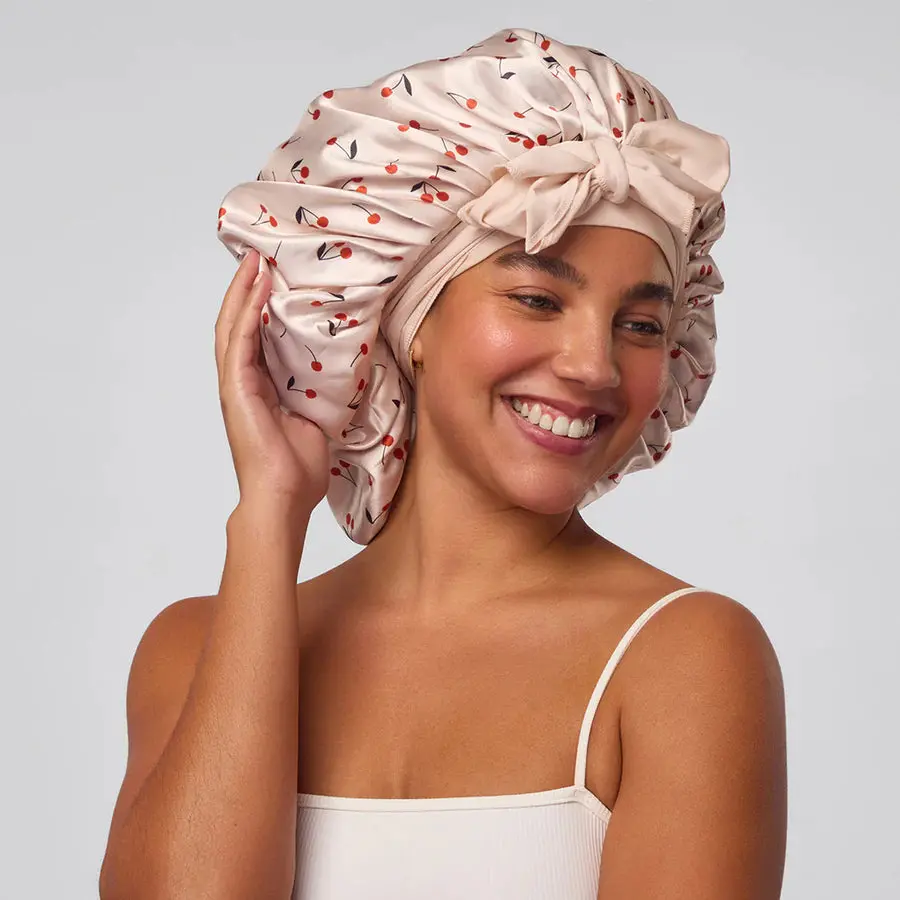 Adjustable Oversized Satin Bonnet Cherry Print - Image 2
