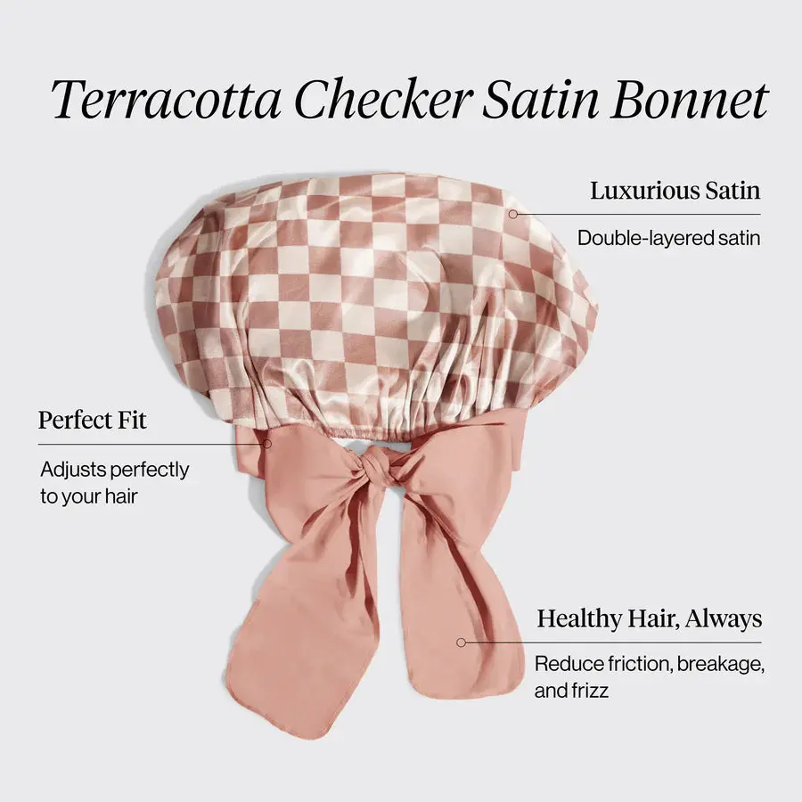 Adjustable Oversized Satin Bonnet Terracotta Checker - Image 3