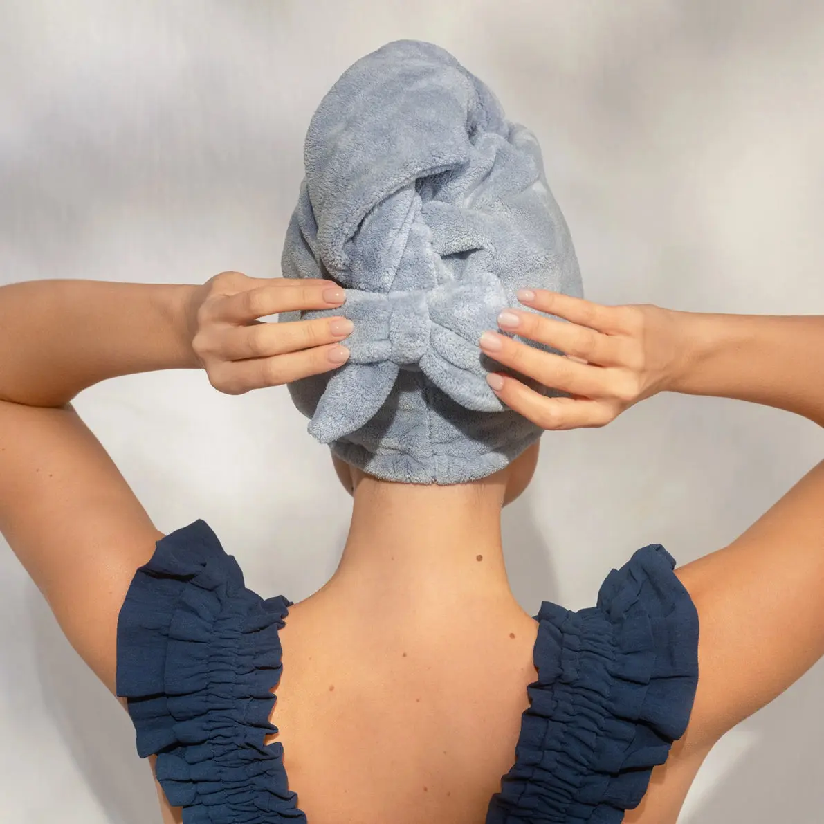 Plush Microfiber Hair Towel Turban with Bow Coastal Blue - Image 2