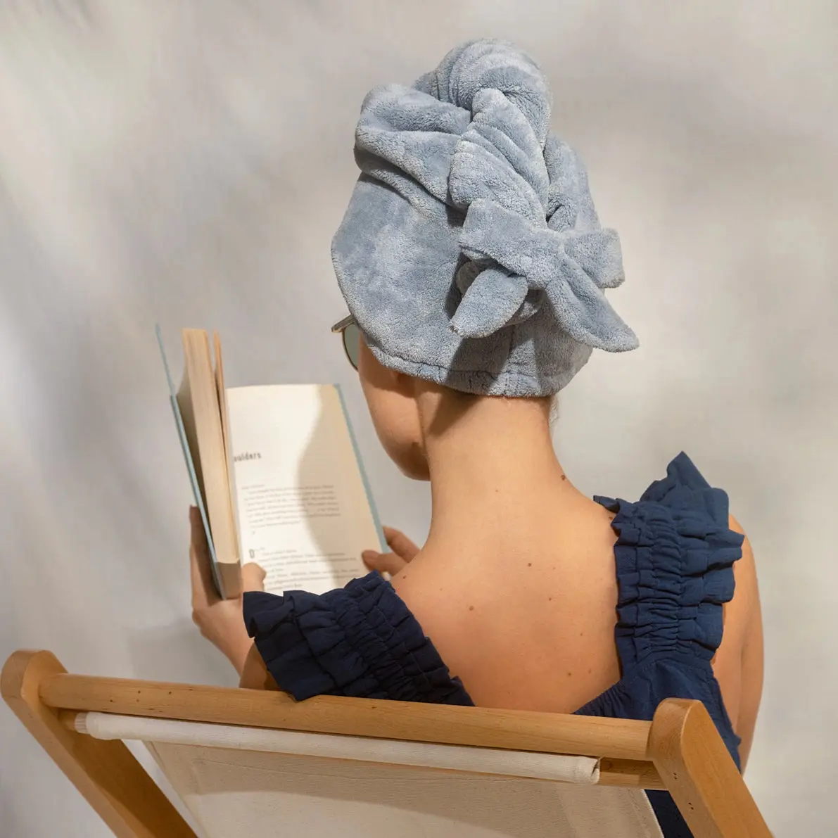 Plush Microfiber Hair Towel Turban with Bow Coastal Blue - Image 7