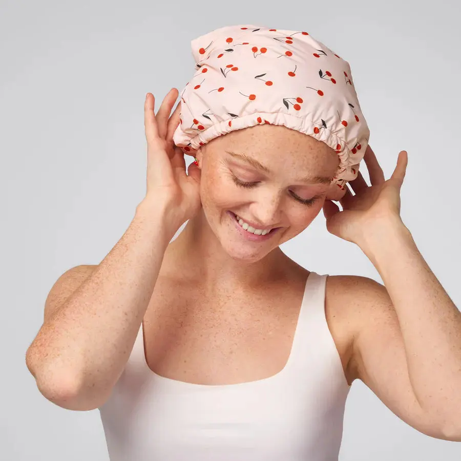 Satin-Lined Flexi Shower Cap Cherry Print - Image 2