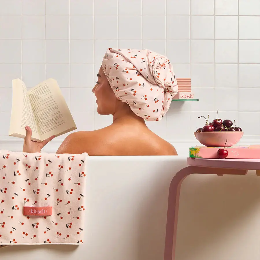 Satin-Lined Flexi Shower Cap Cherry Print - Image 4
